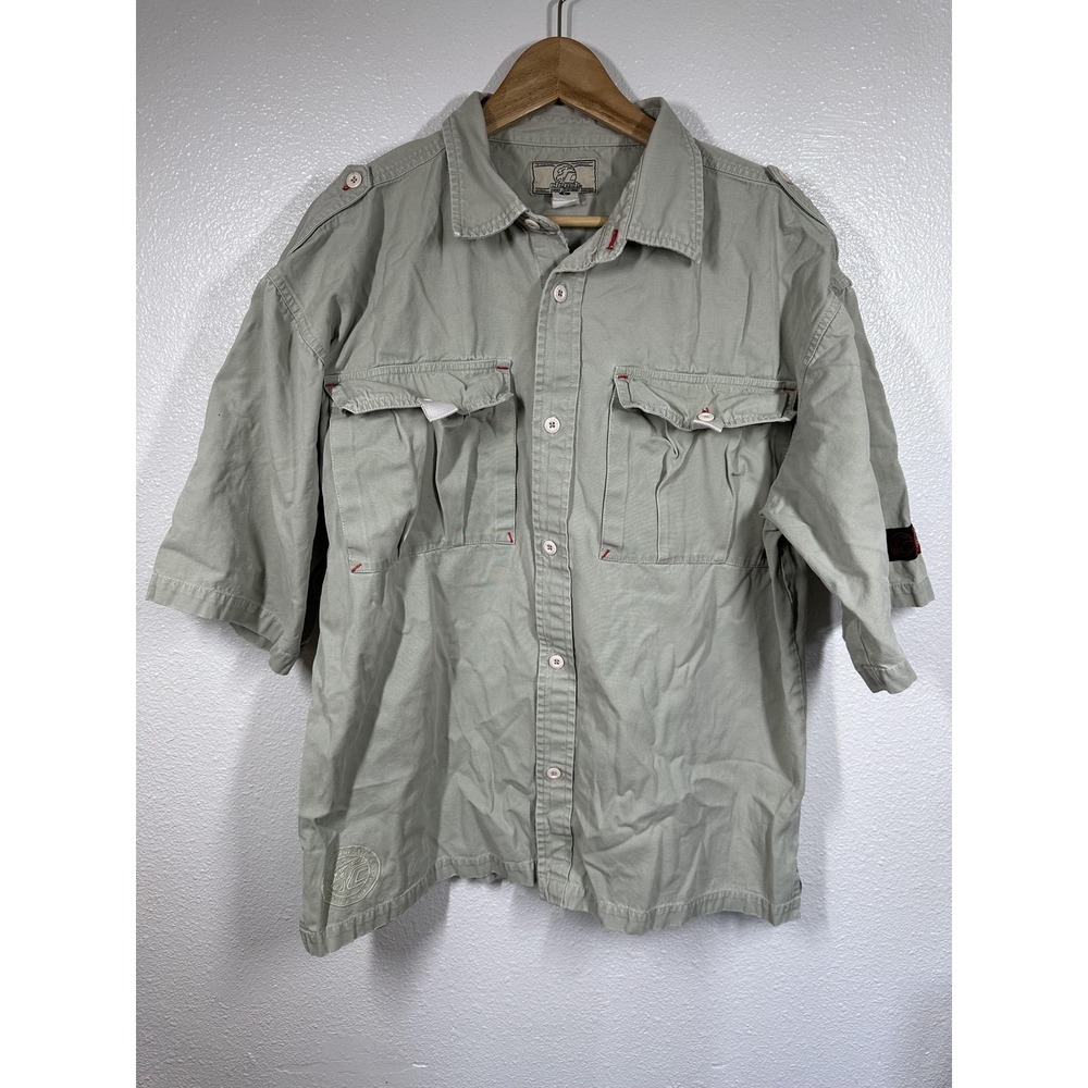 Clench 209 Jeans Shirt Mens Large Green Button Up Utility Safari Outdoor Pockets